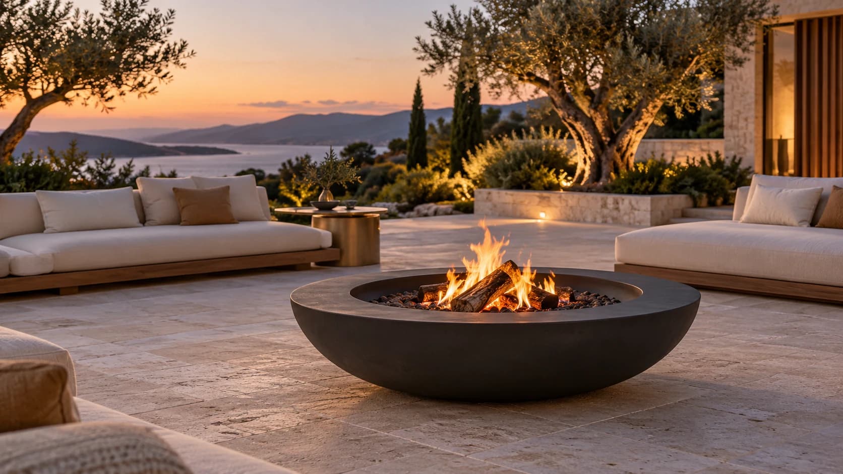 Açık taş terasta yuvarlak antrasit ateş çukuru ve çevresindeki bahçe oturma düzeni