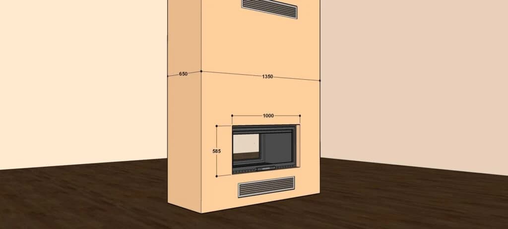 Çift Yönlü Şömine 100 × 55 — ölçülü yerleşim örneği (BF-C-02-100X55)