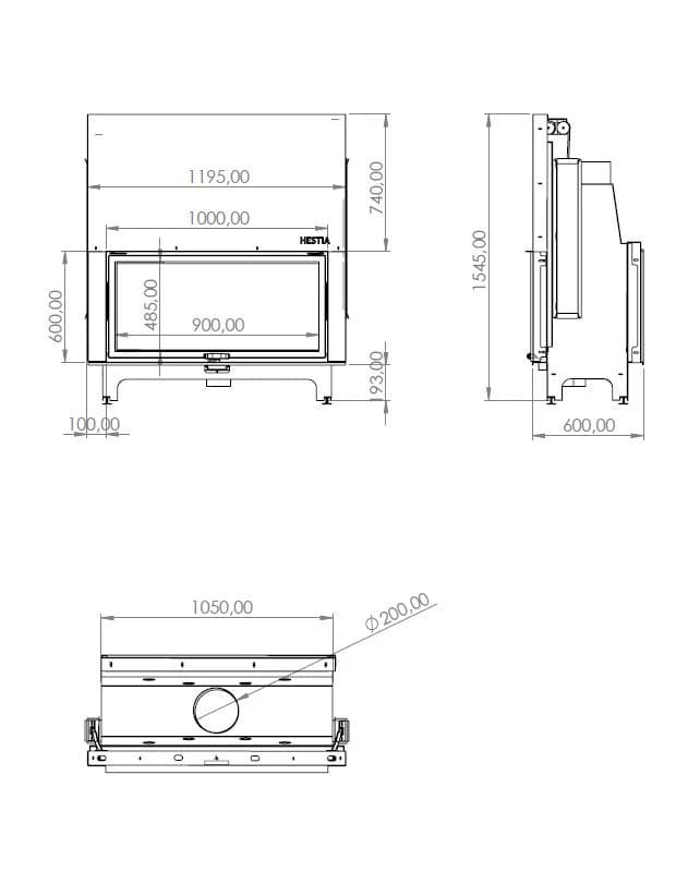 Çift Yönlü Şömine 100 × 60 — ölçü çizimi (BF-C-01-100X60)