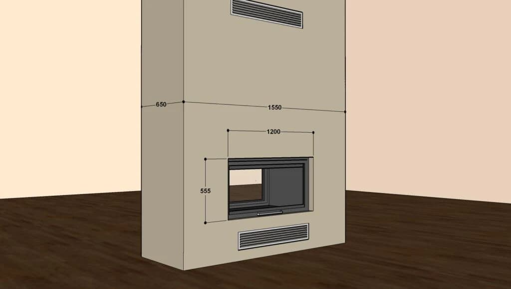 Çift Yönlü Şömine 120 × 55 — ölçülü yerleşim örneği (BF-C-01-120X55)