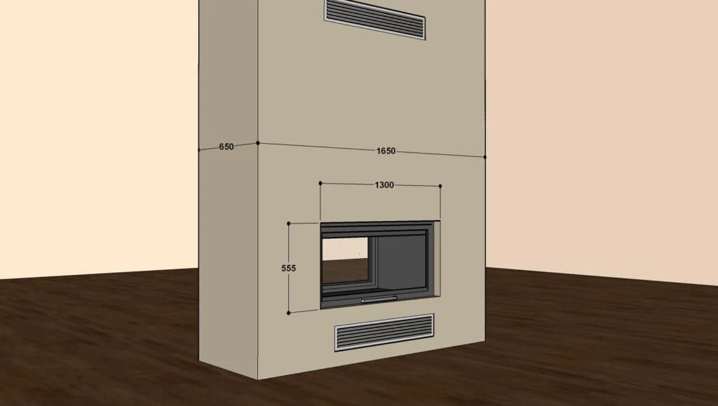 Çift Yönlü Şömine 130 × 60 — ölçülü yerleşim örneği (BF-C-01-130X60)