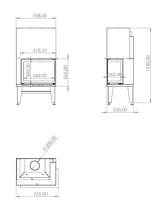 L Tipi Şömine 70'lik — ölçü çizimi (BF-L-02-70)