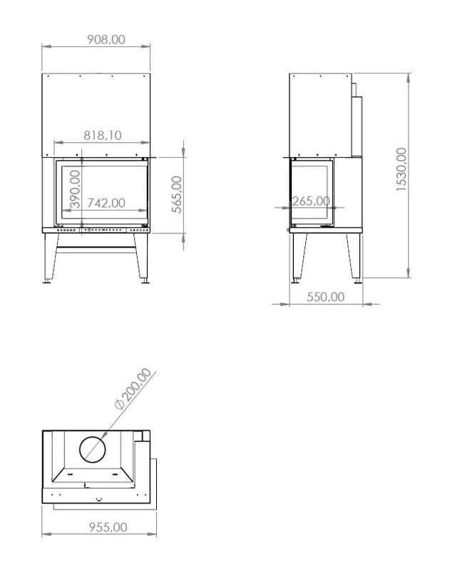 L Tipi Şömine 90'lık — ölçü çizimi (BF-L-02-90)