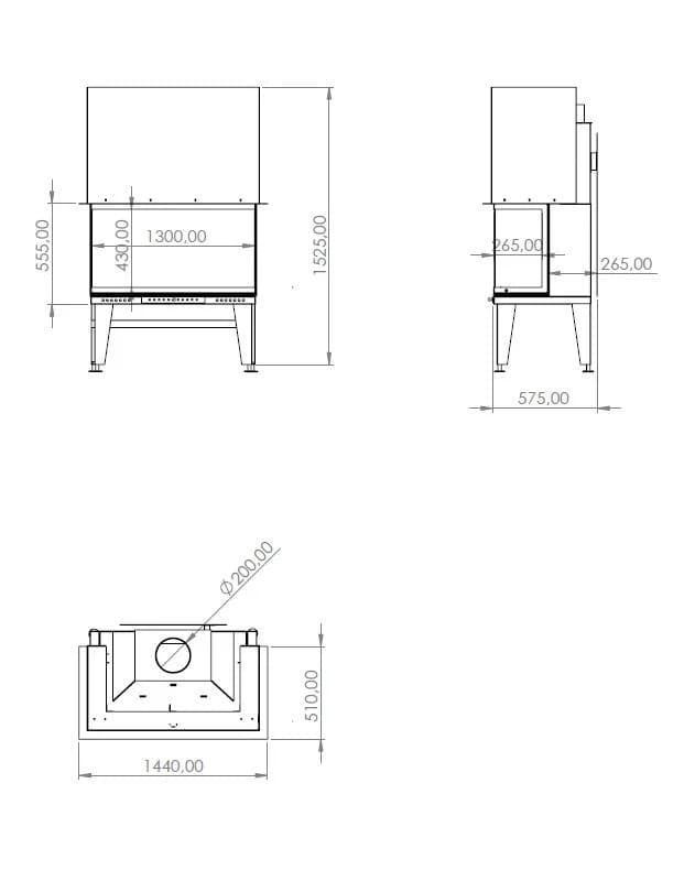 U Tipi Şömine 130'luk — ölçü çizimi (BF-U-02-130)