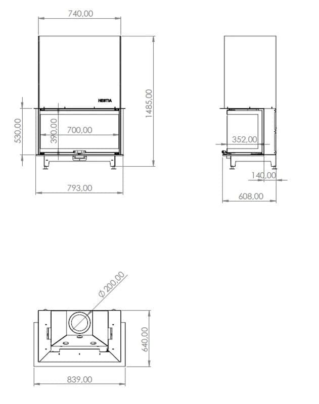 U Tipi Şömine 70'lik — ölçü çizimi (BF-U-01-70)