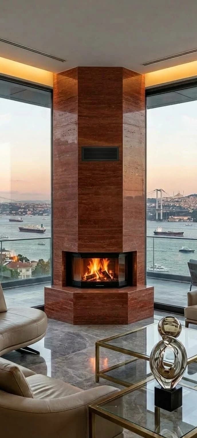Traverten kaplamalı köşe şöminenin salon içindeki yerleşimi