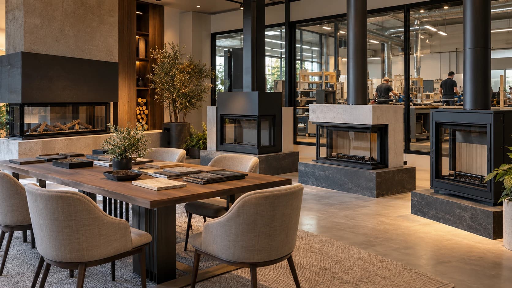 Bifire Tuzla fabrika showroom: sergilenen şömine modelleri ve görüşme alanı